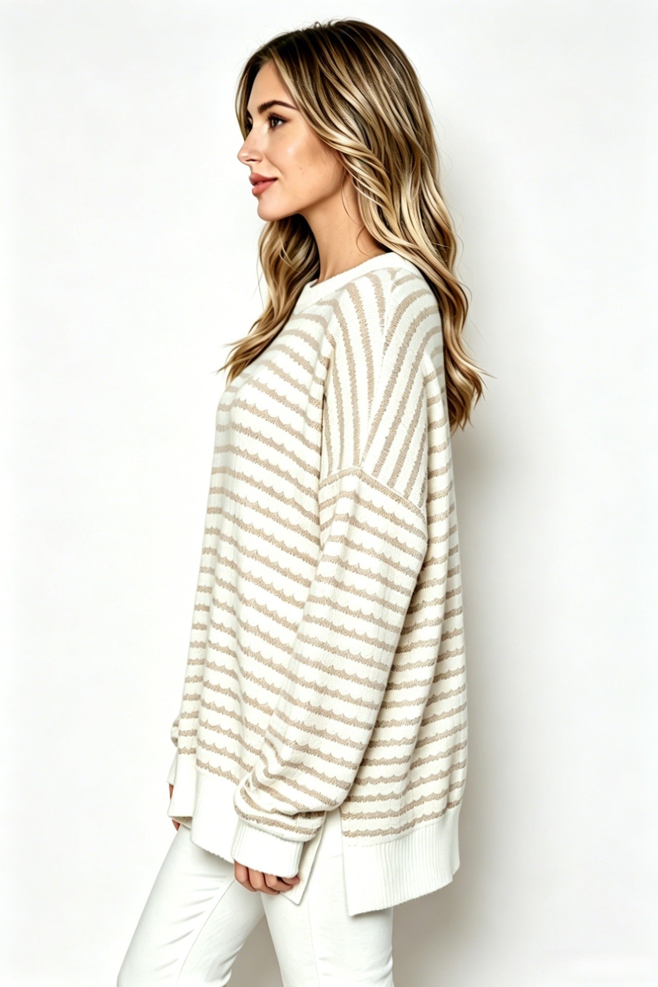 Bubble Poly Cotton Stripe Tunic with Side Slit
