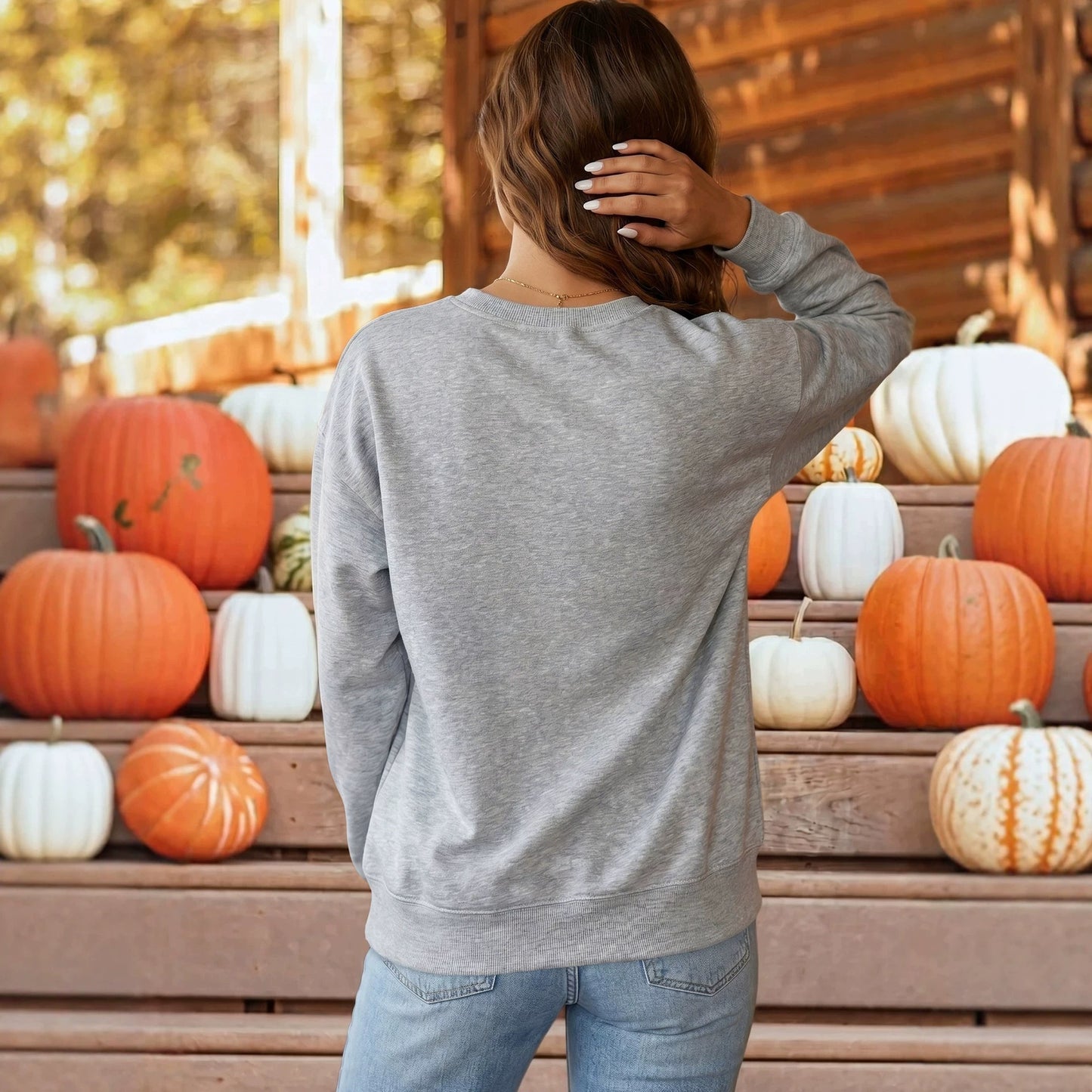Grey Sequin Western Ghost Print Long Sleeve Round Neck Sweatshirt