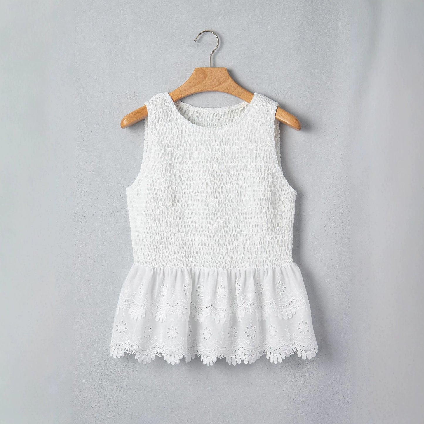 White Sleeveless Smocked Lace Peplum Top
