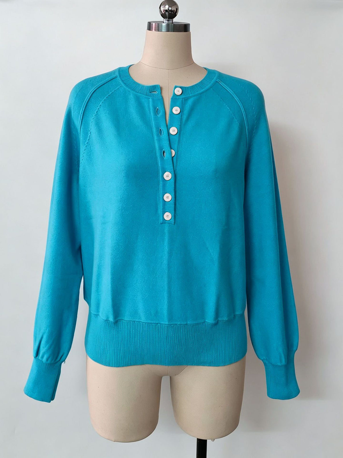 Crew Neck Button Front Knit Pullover