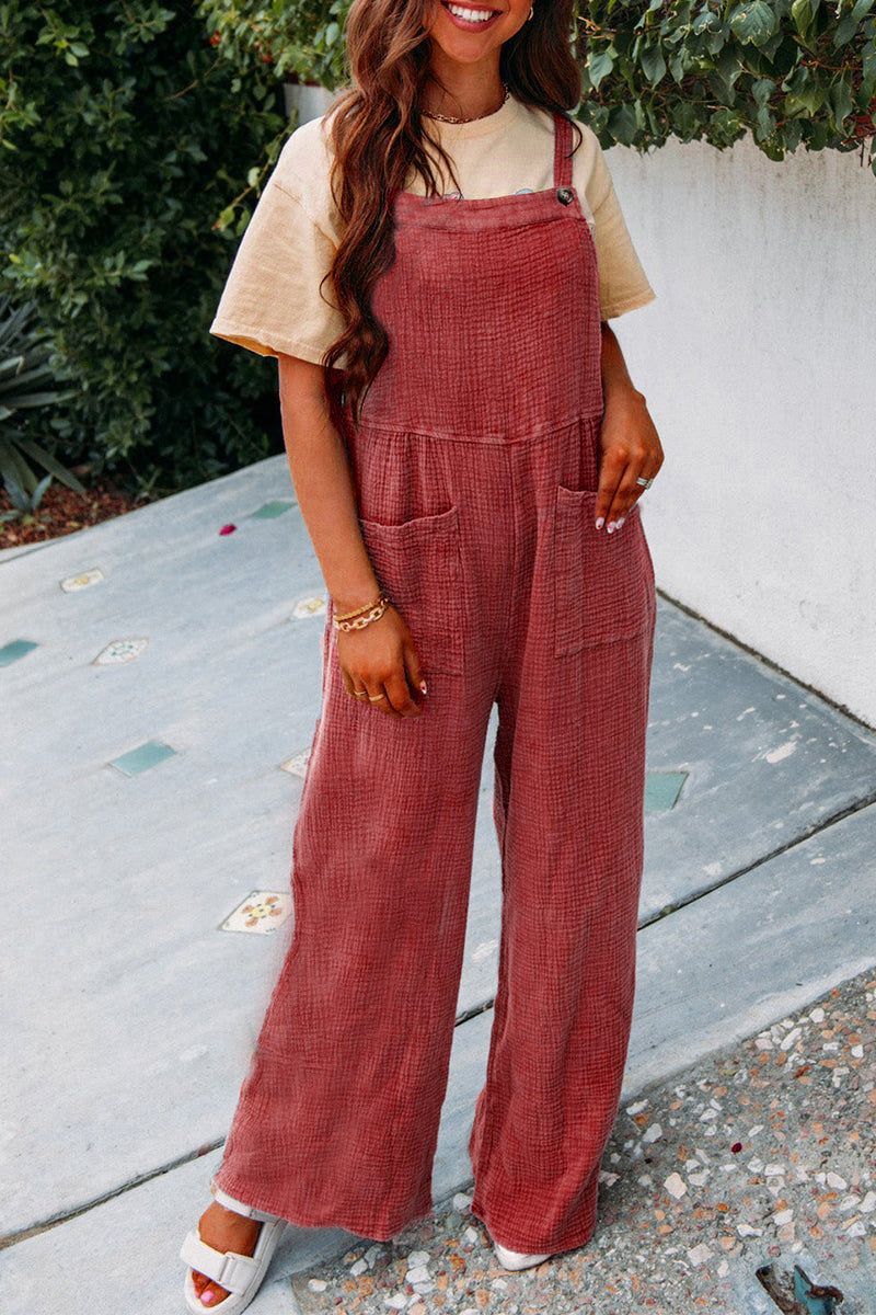 Textured Pocket Wide-leg Overalls