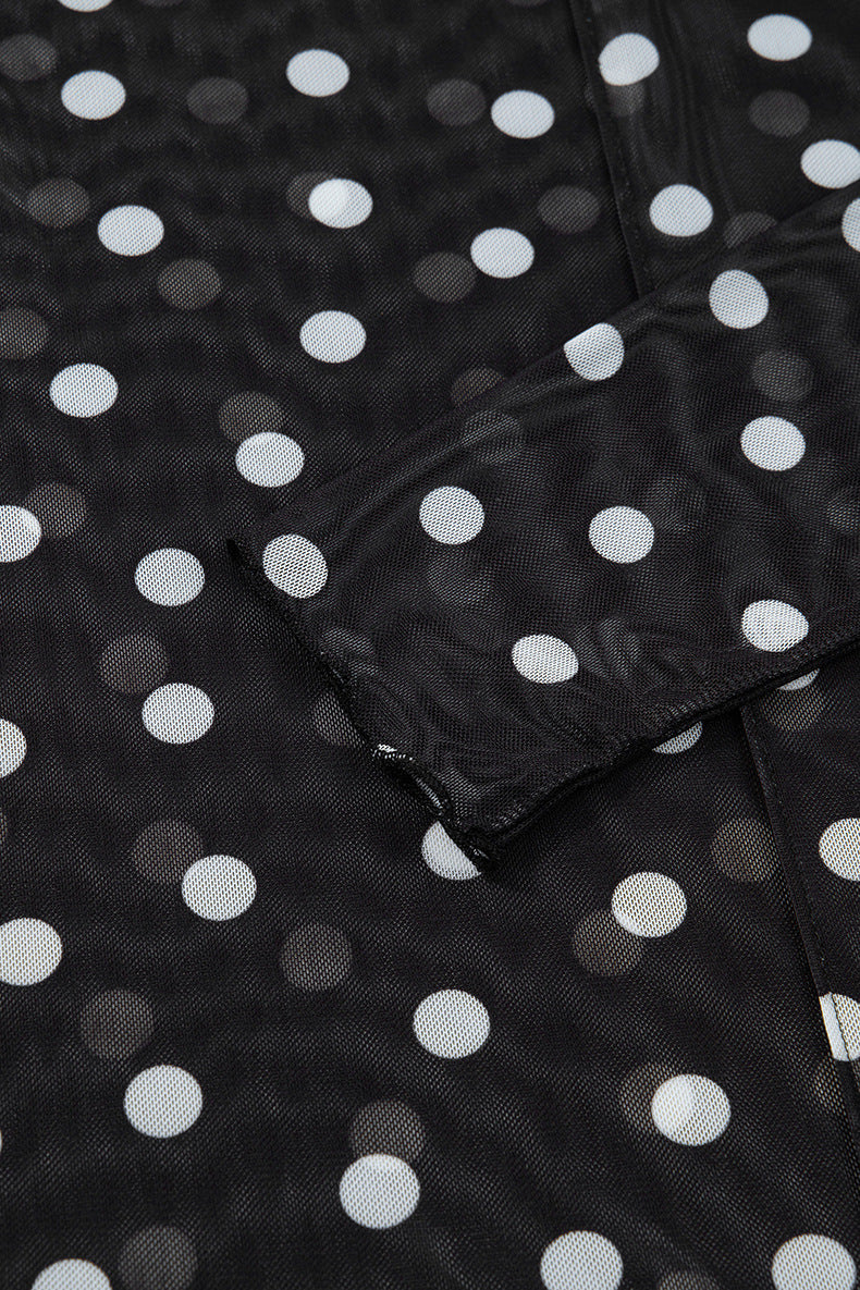 Black Polka Dot Patterned Bodycon Mock Neck Mesh Long Sleeve Top