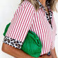 Red Stripe Leopard Contrast Trim Half Button Blouse