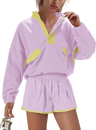 Contrast Color Stitching Long-sleeved Top and Shorts Set(moq2）