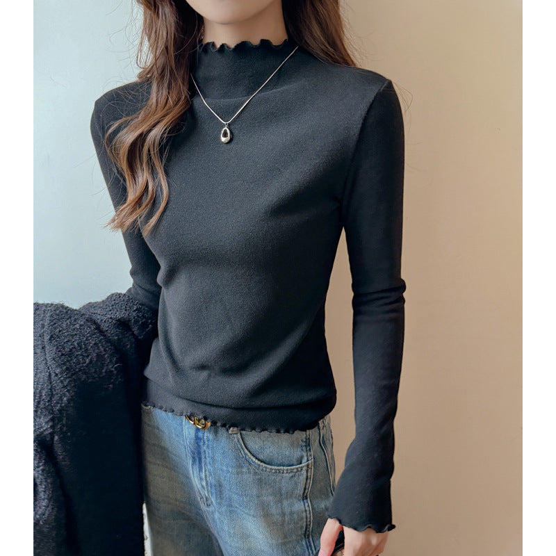 Ribbed Knit Lettuce Trim Long Sleeve Mock Neck Top