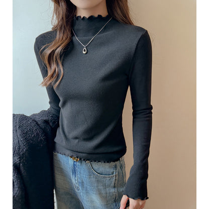 Ribbed Knit Lettuce Trim Long Sleeve Mock Neck Top