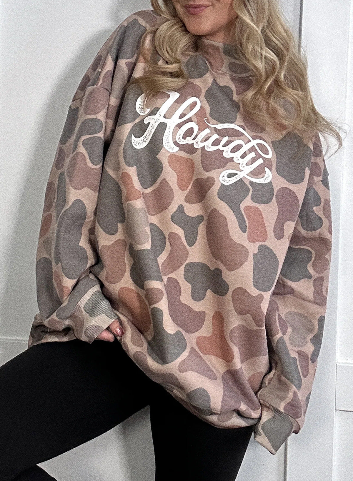 Multicolour Camo Print Howdy Western Style Baggy Pullover Sweatshirt