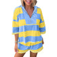Stripe Half Zipper Placket Bracelet Sleeve Top Casual Shorts Set