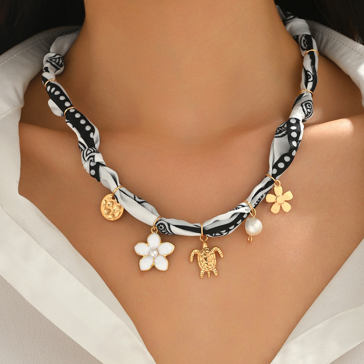 Silk Scarf with Leopard Print Braided Knot Collarbone Chain