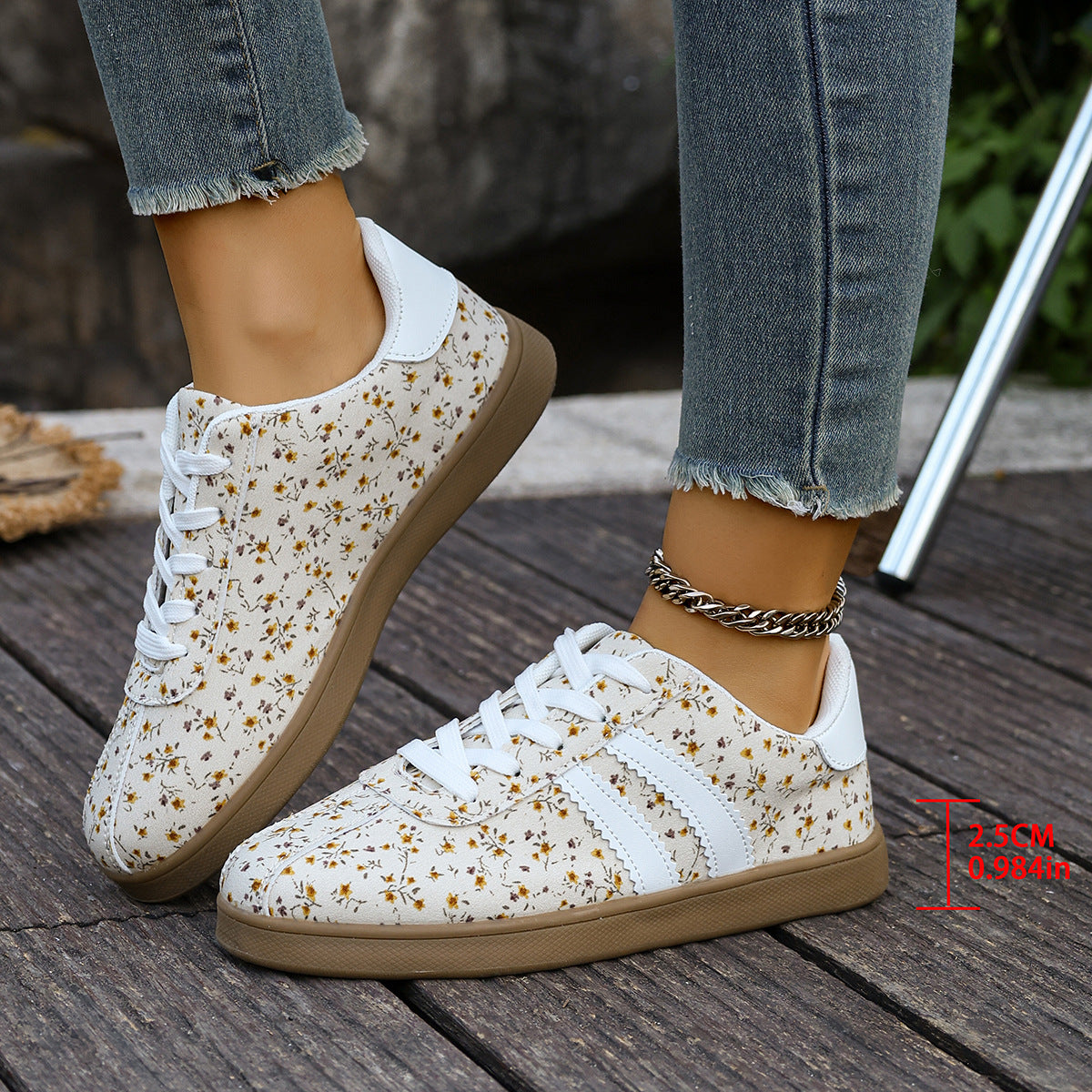 Floral Print Color Block Detail Lace Up Shoes