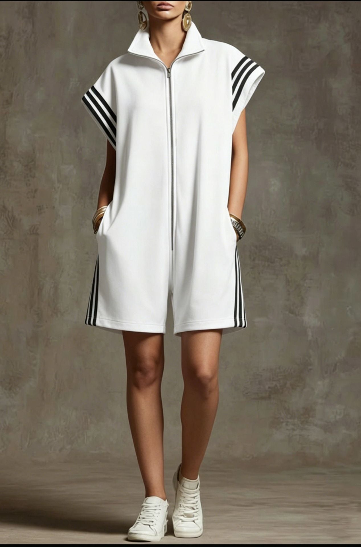 Loose Sleeveless Drawstring Pockets Split-Joint Striped Zipper Stand Collar Rompers