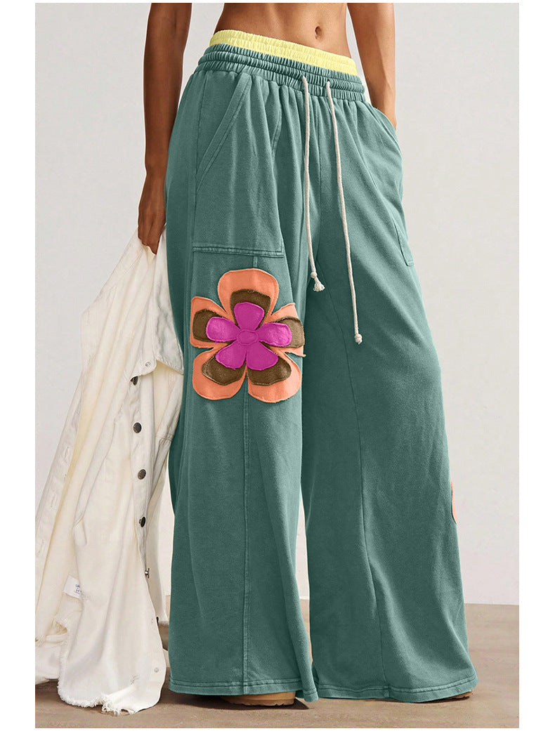Block Flower Patchwork Drawstring Contrasted Elastic Waist Wide Leg Pants