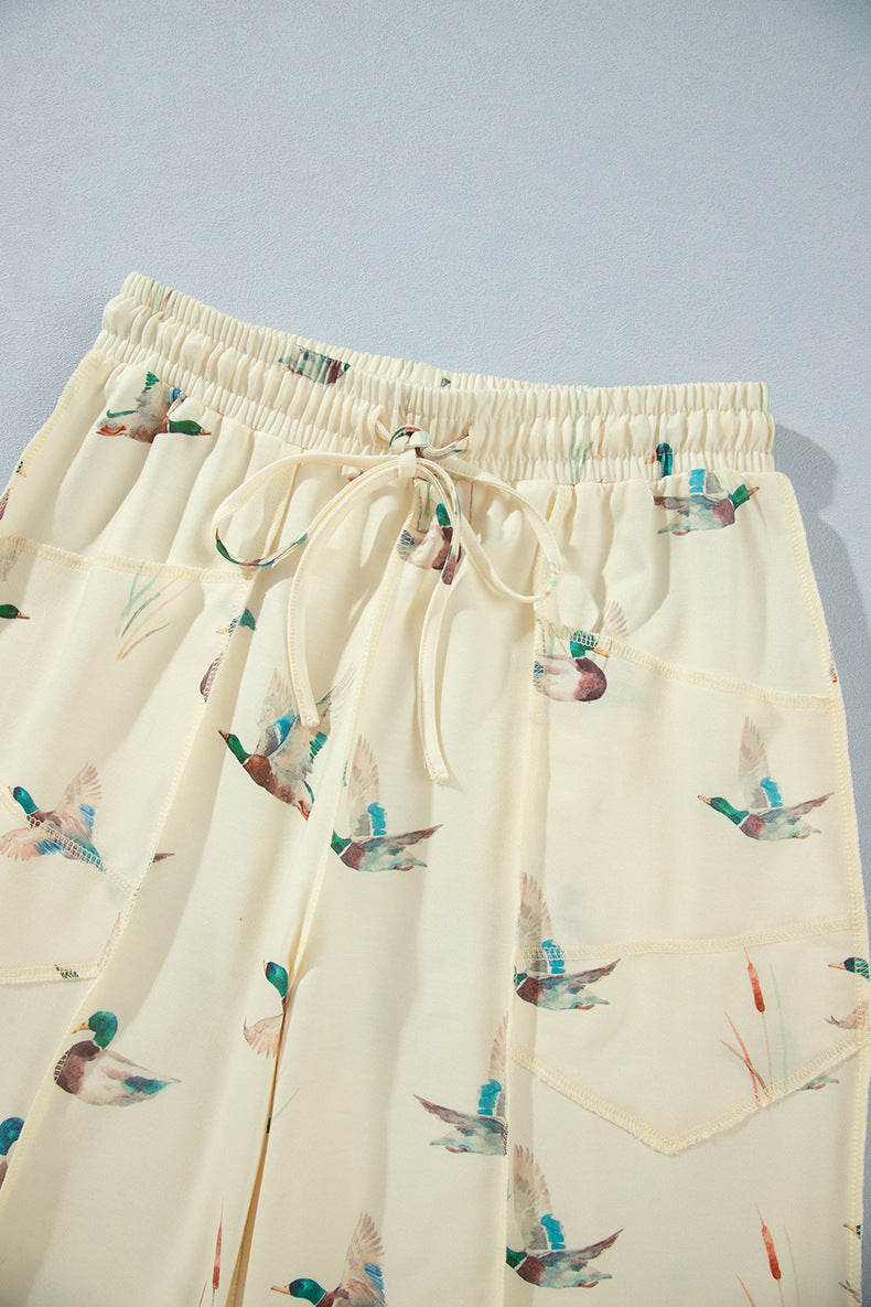 Beige Duck Print Short Sleeve Top Pocket Pants 2pcs Casual Set