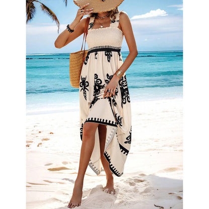 Print Shirred Wide Strap Dress