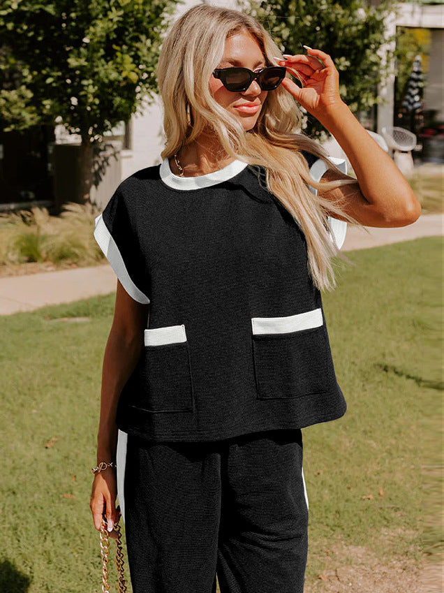 Color Block Pocketed T Shirt and Wide Leg Pants Set