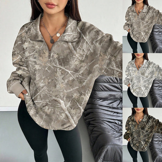 Half-Zip Camo Sweatshirt Quarter Zip Lapel Collar Pullover