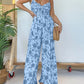 Button V-neck Floral Suspender Jumpsuit