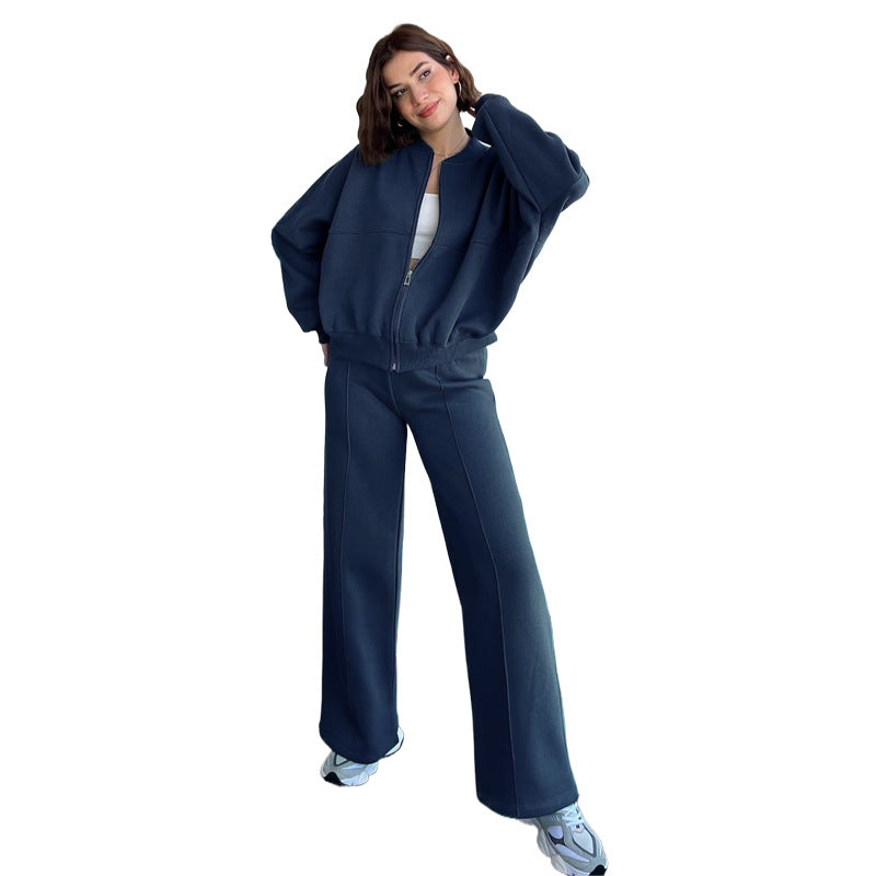 Women's Zippered Cardigan Sweatshirt and Straight Pants Suit