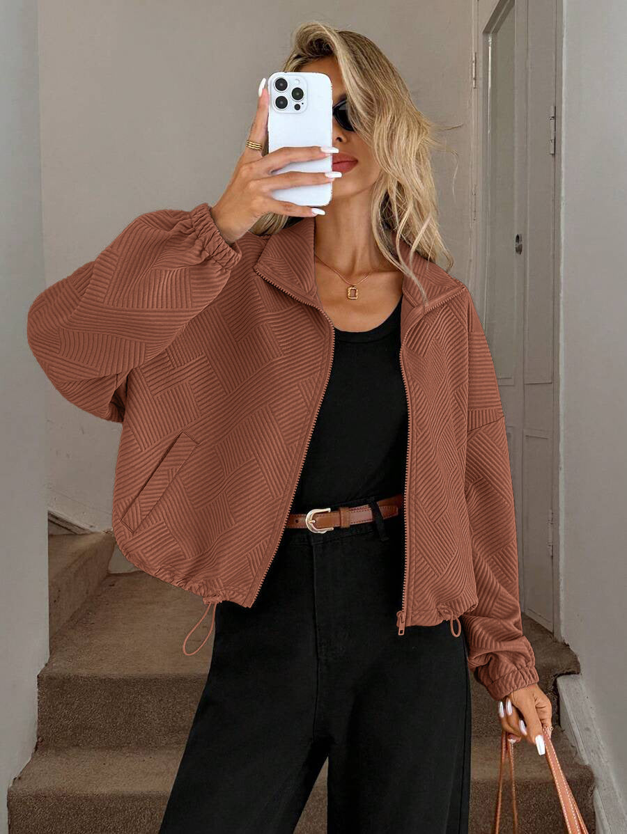Chic Geometric Textured Zip Up Jacket