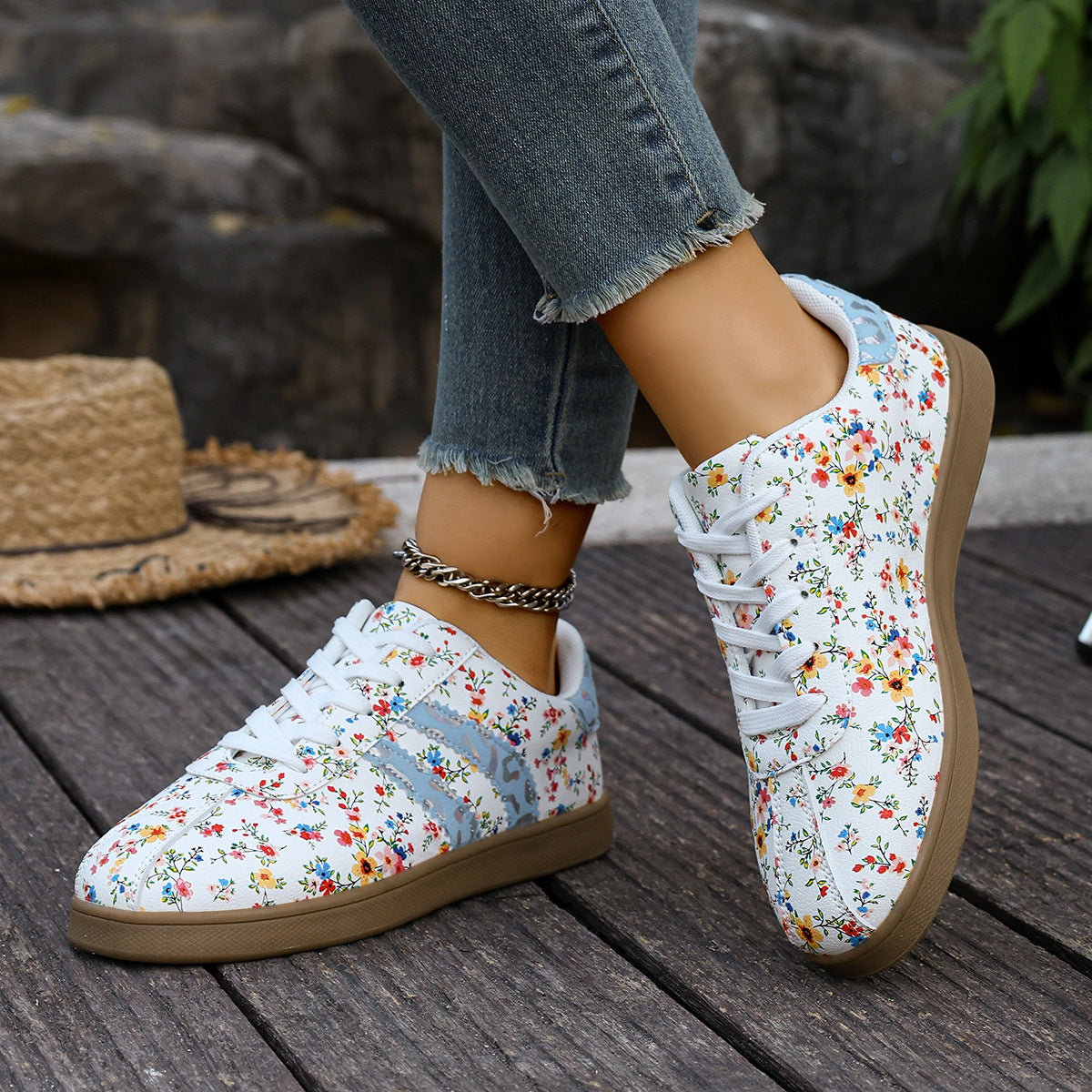 Floral Print Color Block Detail Lace Up Shoes