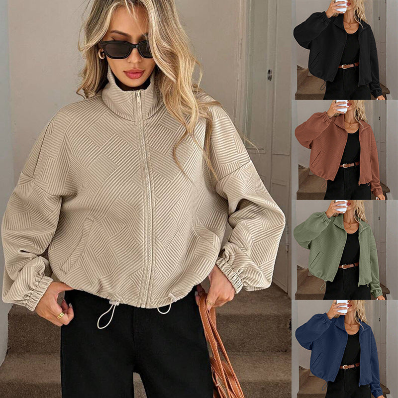 Chic Geometric Textured Zip Up Jacket