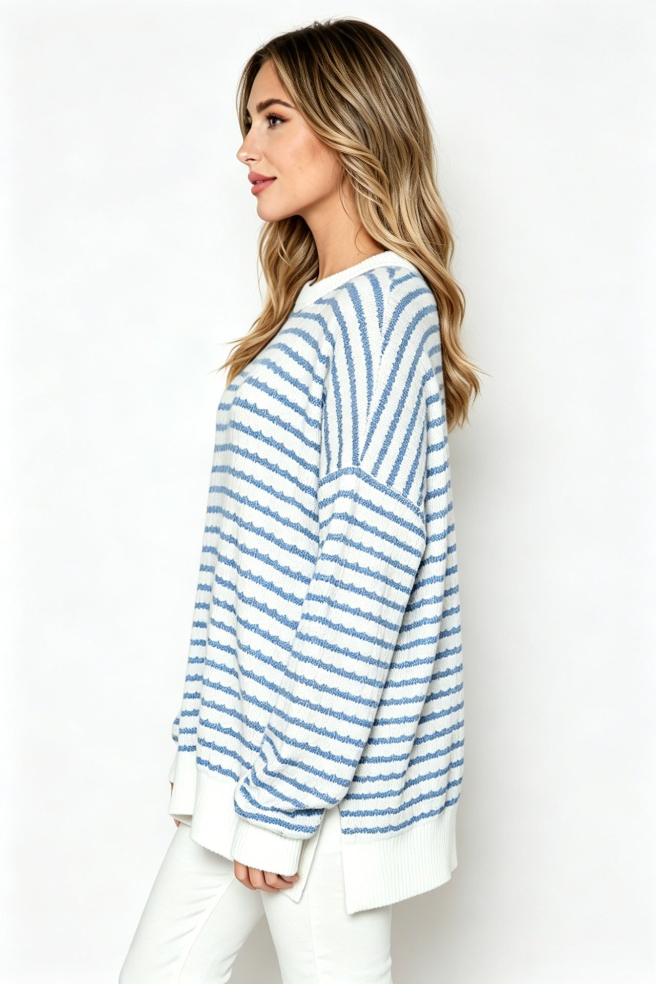 Bubble Poly Cotton Stripe Tunic with Side Slit