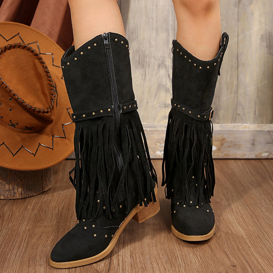 Women's tassel boots rivet belt buckle mid-calf boots