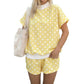 Polka Dot Print Color Block Trim Mock Neck Short Set