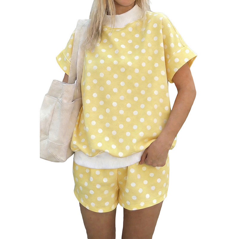 Polka Dot Print Color Block Trim Mock Neck Short Set