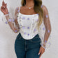 Floral Embroidery Off Shoulder Lantern Sleeve Curved Hem Top