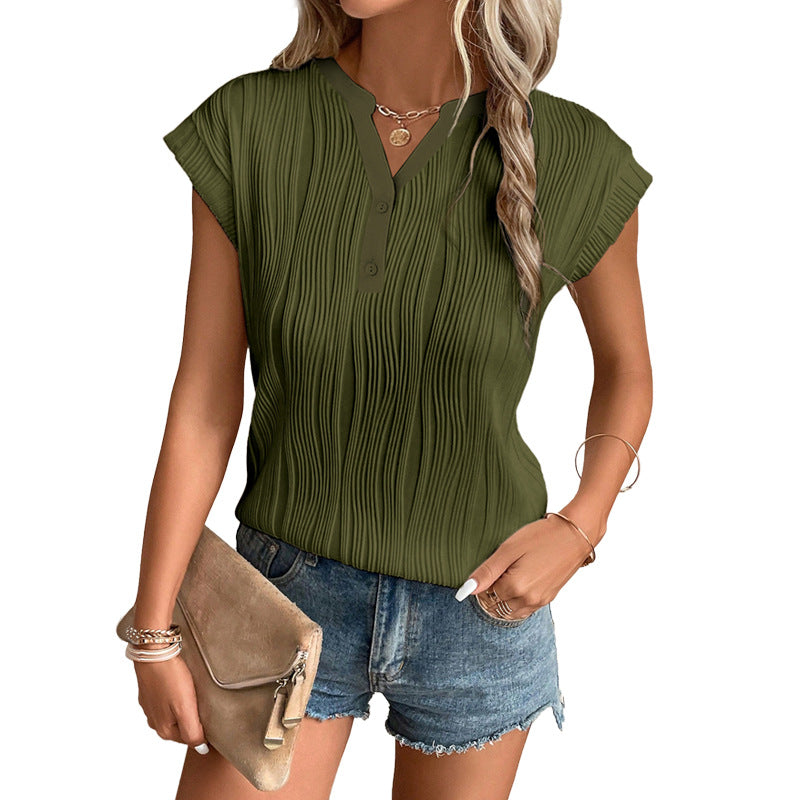 Wavy Textured Button V Neck Tee