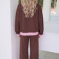 Block Trim Long Sleeve Pullover Drawstring Shift Pants Set