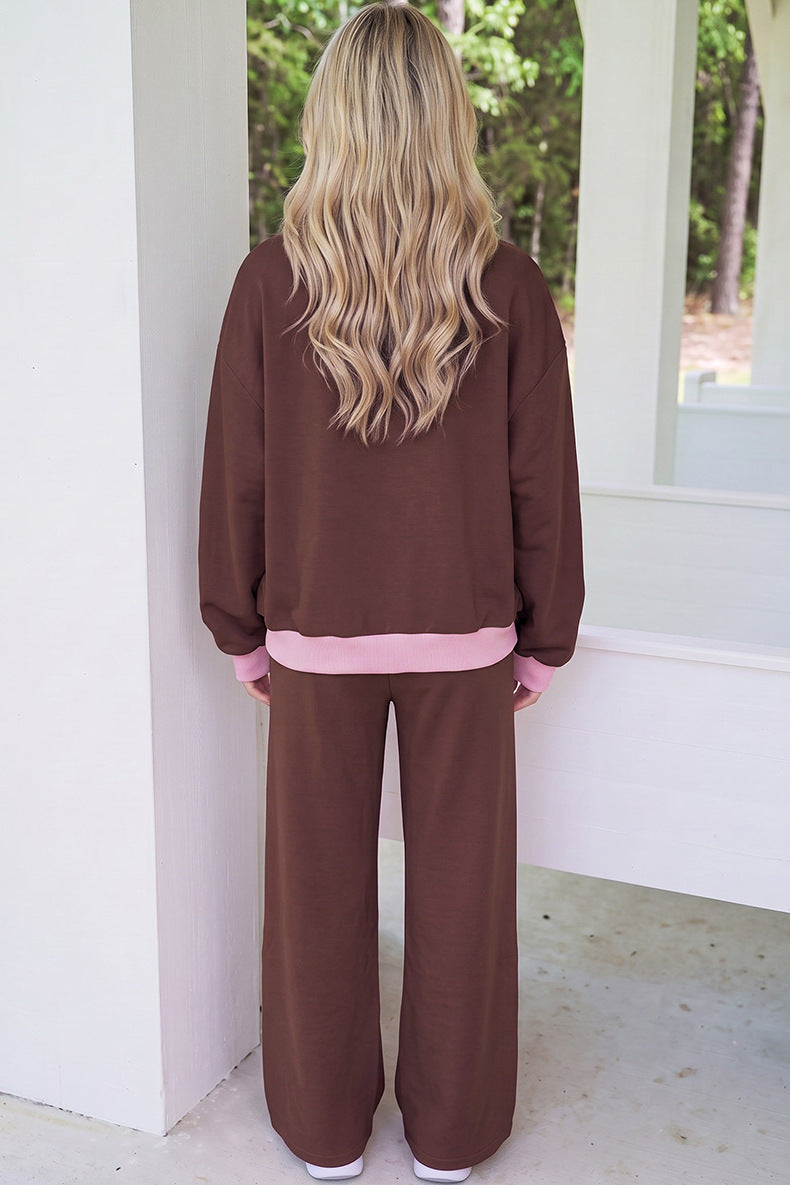 Block Trim Long Sleeve Pullover Drawstring Shift Pants Set