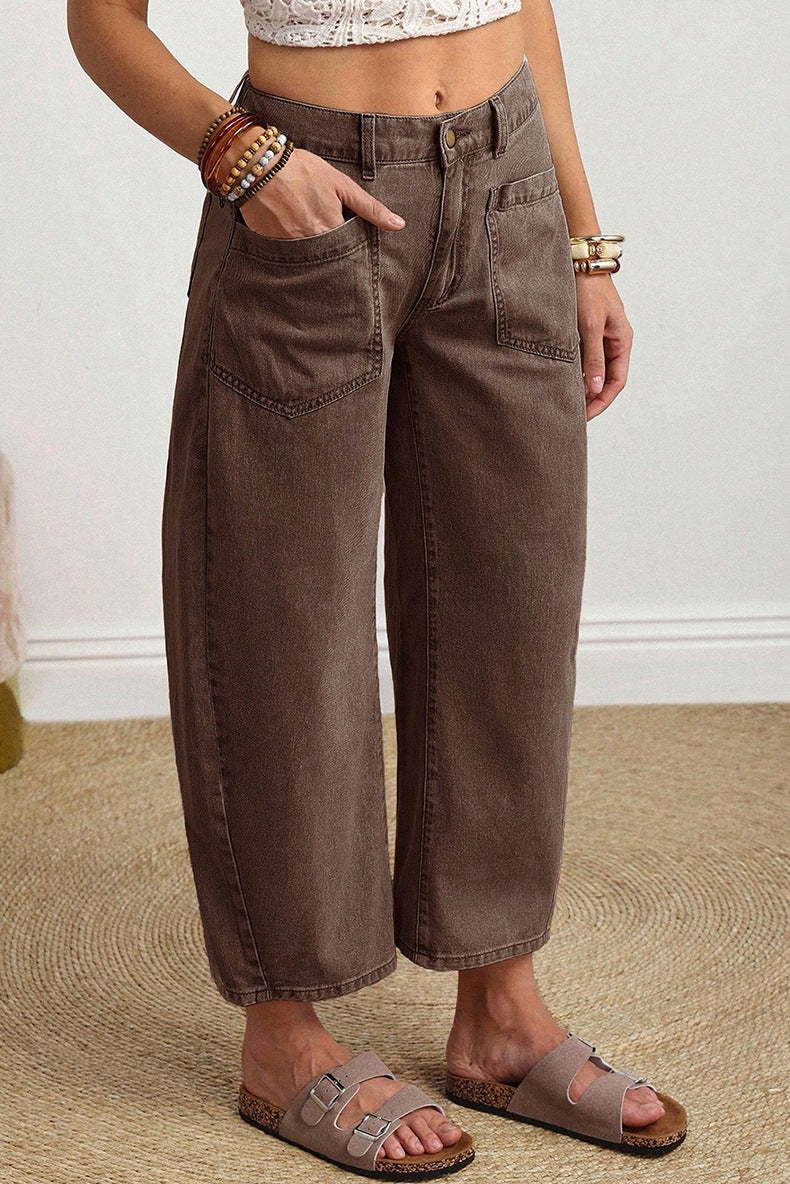 Square Patch Pocket Ankle-length Barrel Jeans