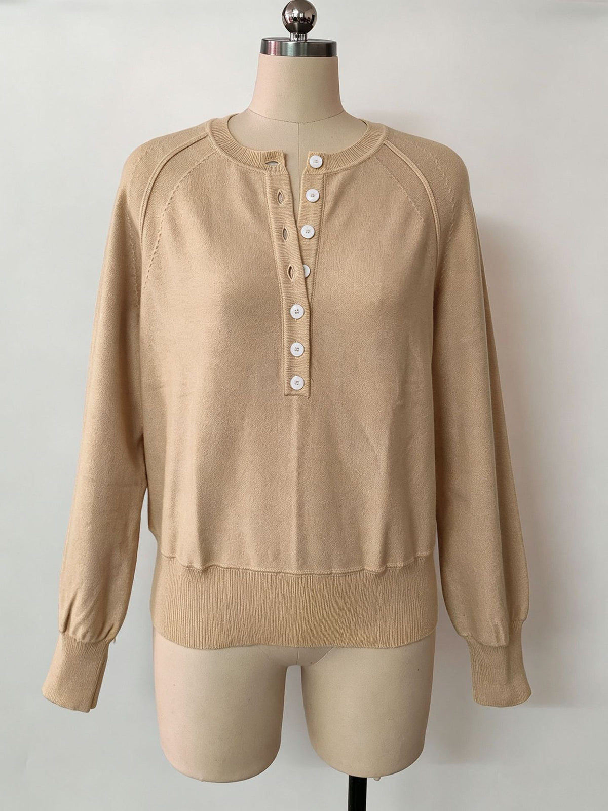 Crew Neck Button Front Knit Pullover