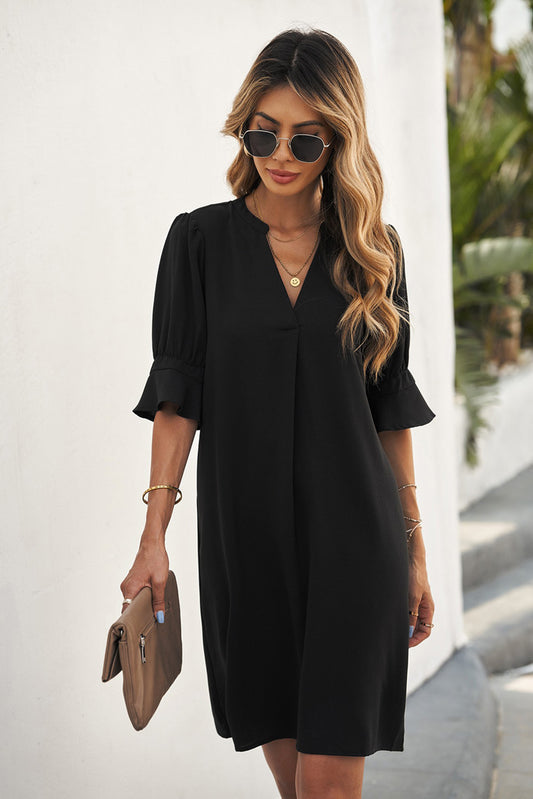 Notched Neck Flounce Sleeve Tunic Dress