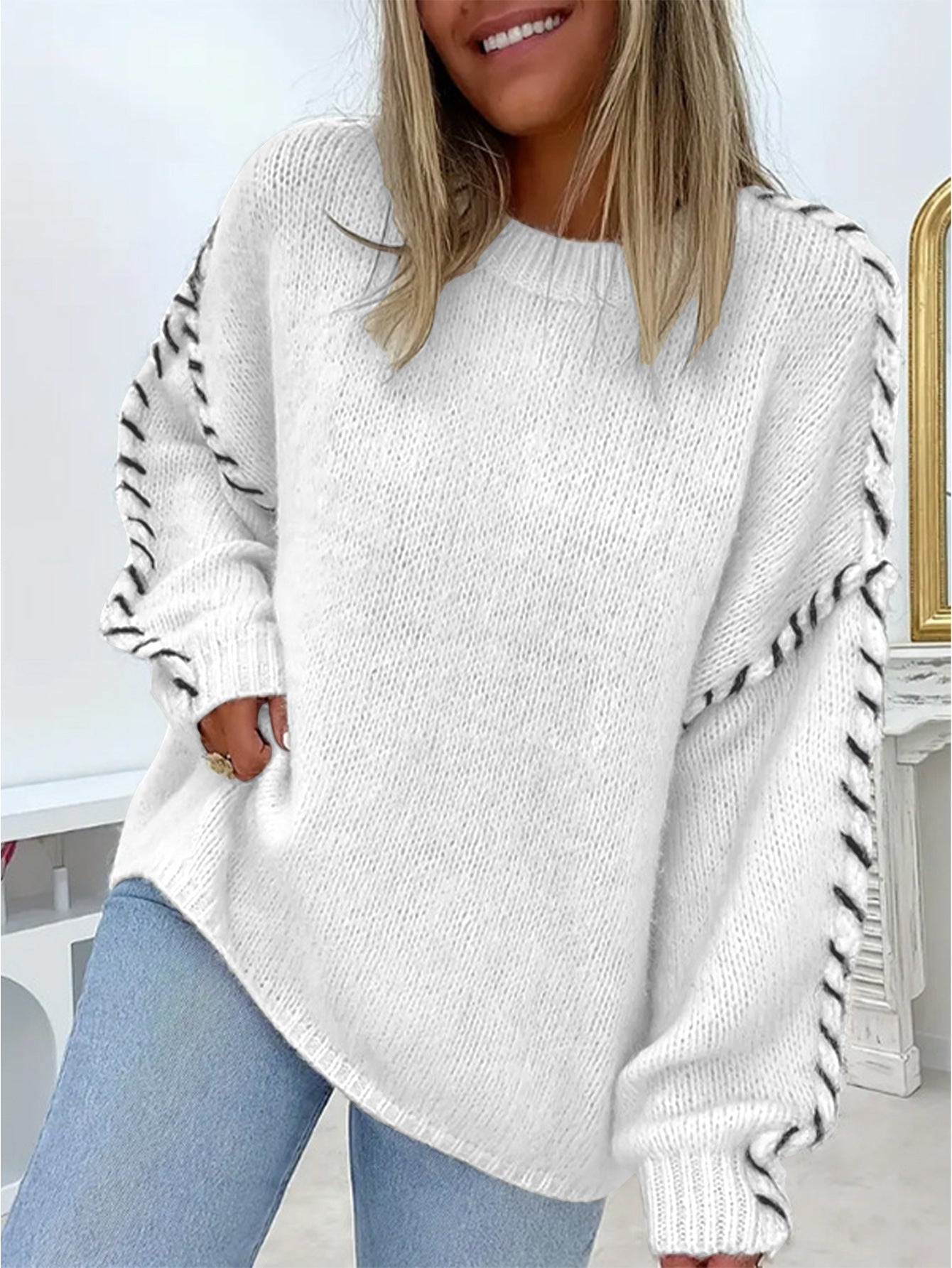 Solid Color Crew Neck Long-sleeved Pullover Sweater