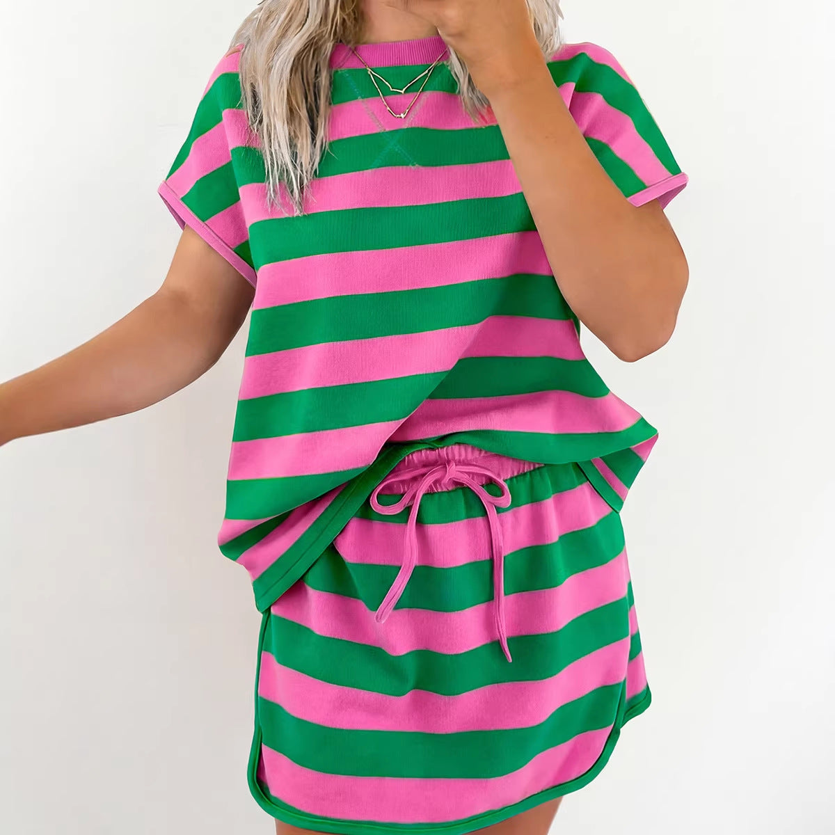 Stripe Dolman Tee Drawstring Skort Athletic 2pcs Set