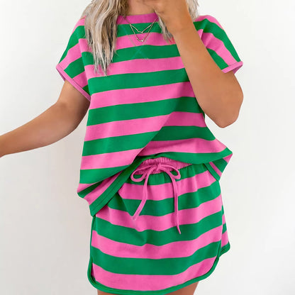 Stripe Dolman Tee Drawstring Skort Athletic 2pcs Set