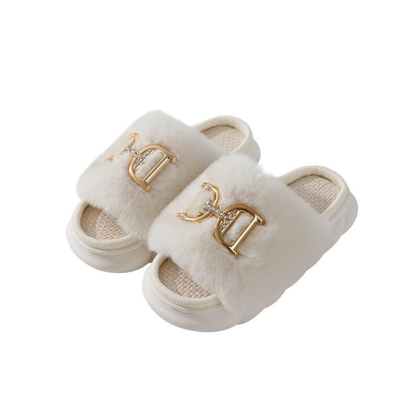 Double D Detail Faux Fur Winter Comfort Slippers