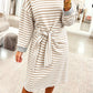 Khaki Stripe Striped Colorblock Cuffs Round Neck Long Sleeve Shift Dress