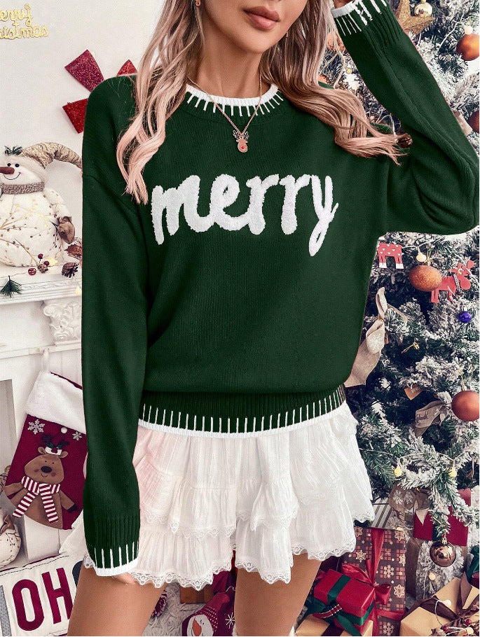 Merry Festive Knit Sweater  Casual Holiday Crewneck Pullover Top