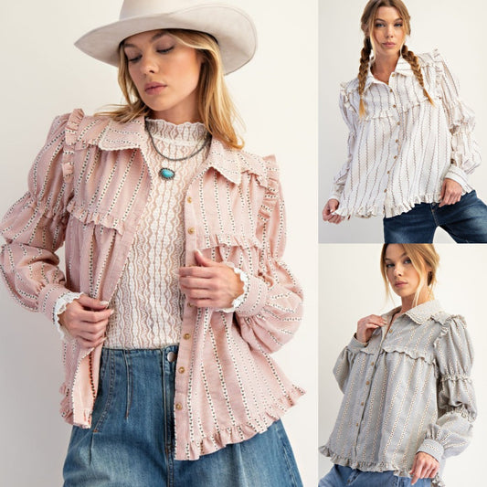 Women's Ruffled Long-sleeved Striped Shirt Jacket
