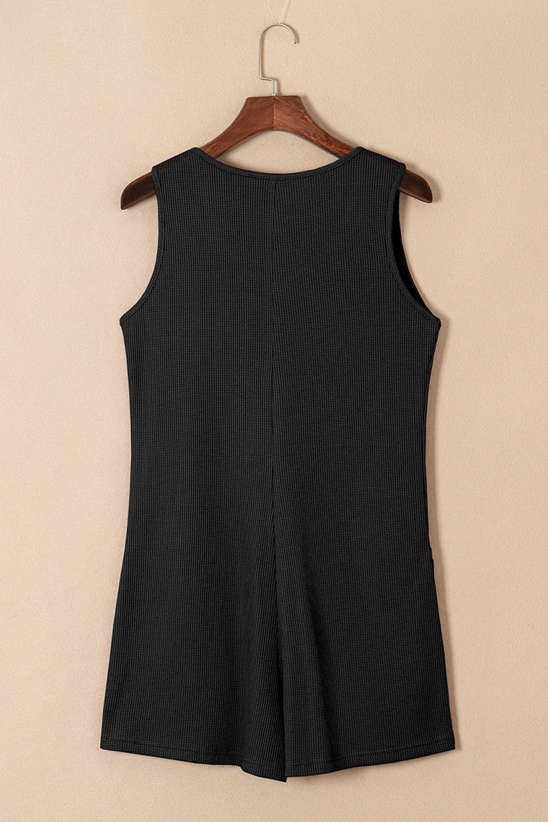 Black Waffle Sleeveless U Neck Buttons Romper With Pockets