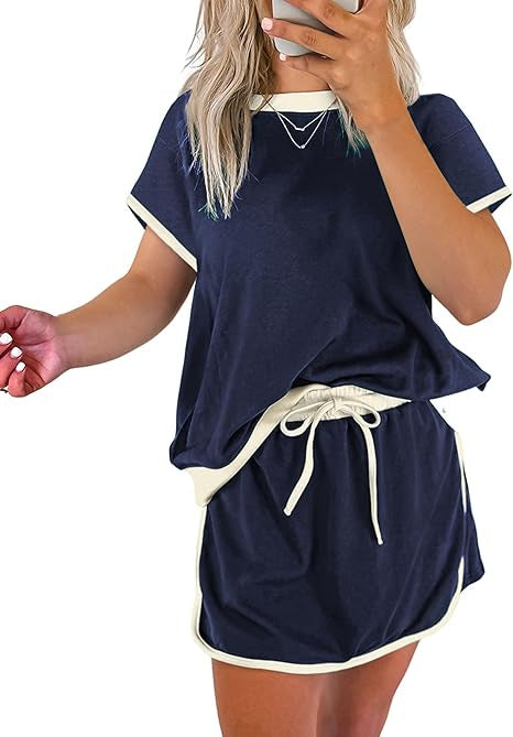 2Pcs Set Colorblock Edge Drop Shoulder T Shirt and Skirt