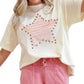 Beige Star Print Stud Detail Cotton Jersey Top