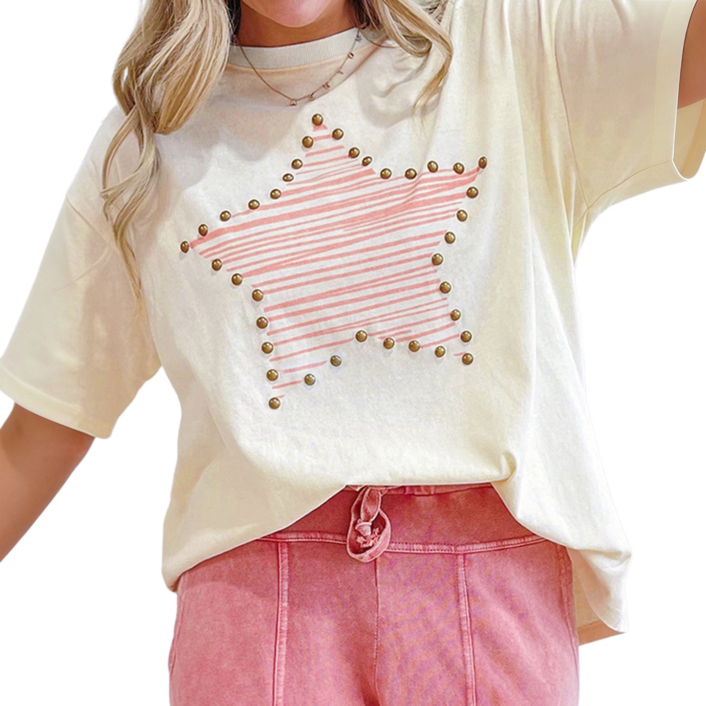 Beige Star Print Stud Detail Cotton Jersey Top