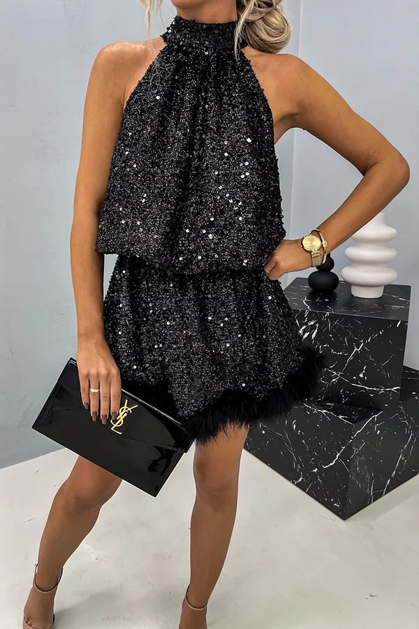 Sleeveless Sequined Halter Neck Mini Dress