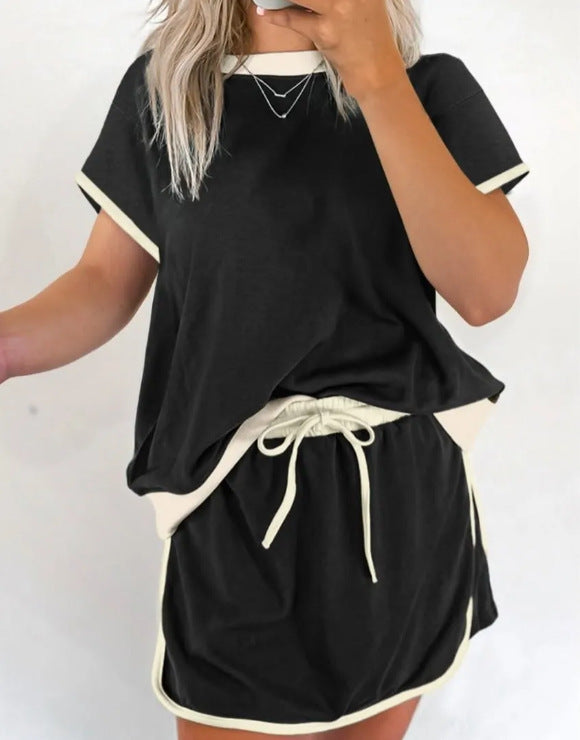 2Pcs Set Colorblock Edge Drop Shoulder T Shirt and Skirt