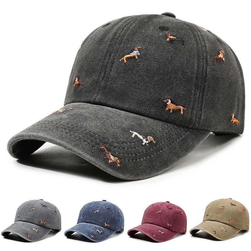 Vintage Distressed Baseball Cap with Puppy Embroidery